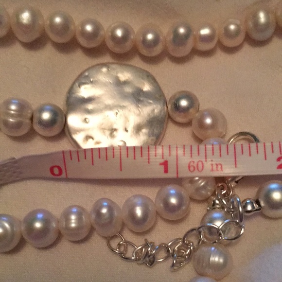 Faux pearl necklace with silvertone accent. - Picture 9 of 12